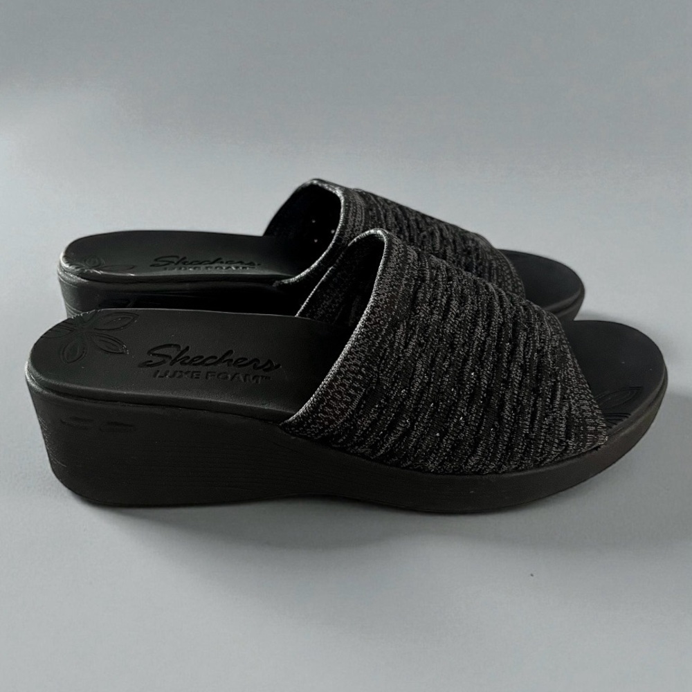 Skechers Pier Lite My Wish Wedge Sandals Black Size 10 SN 163274